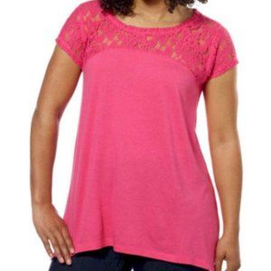 DKNY Jeans Lace Trimmed Short Sleeve Knit Top Pink Sizes S or M NWT